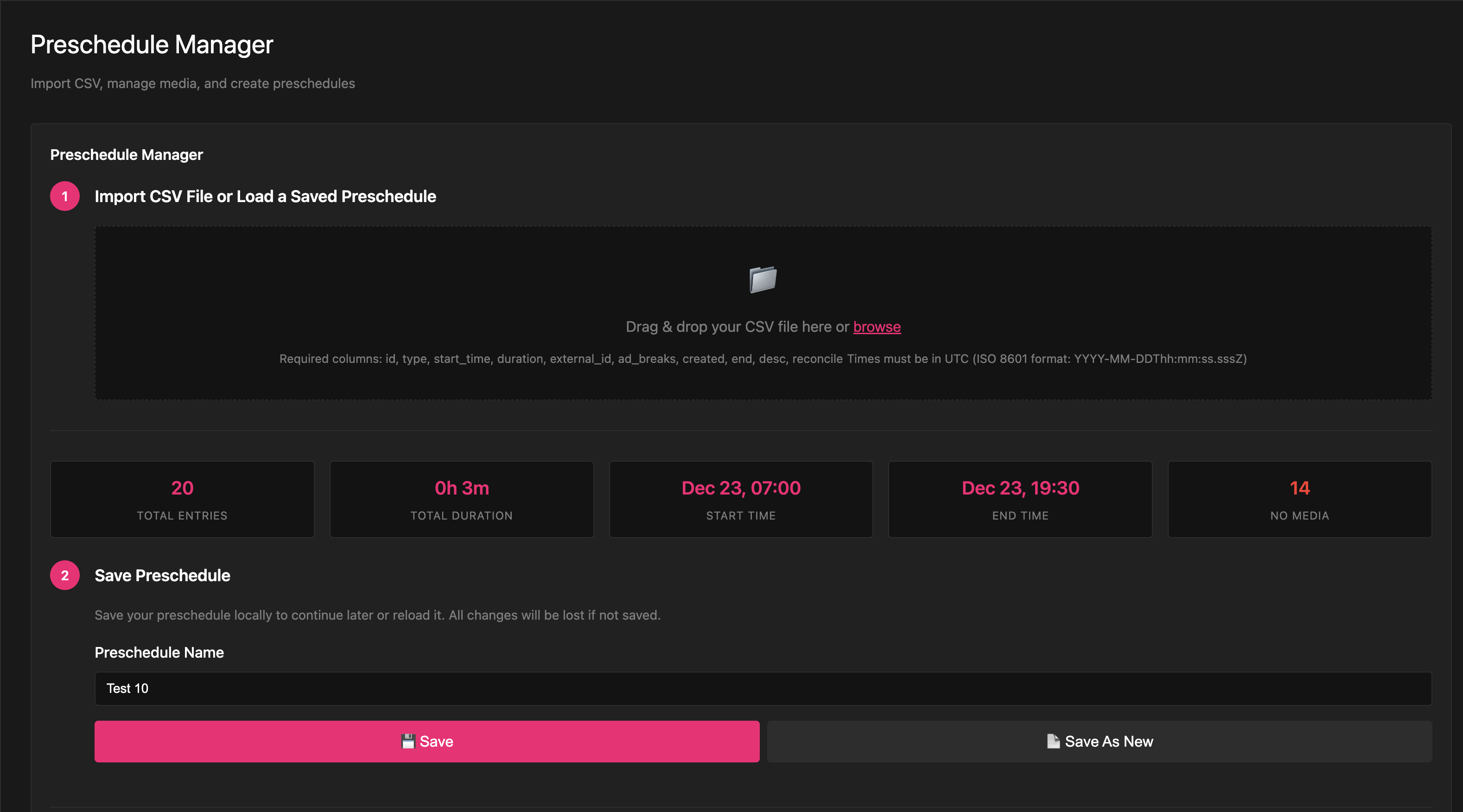 Import CSV and Save section